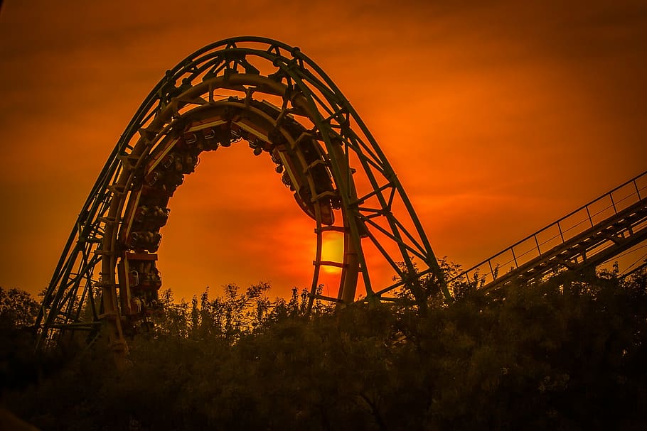 silhouette photography, round roller coaster rail, golden, hour, the roller coaster, shijingshan, amusement park, sky, orange color, sunset