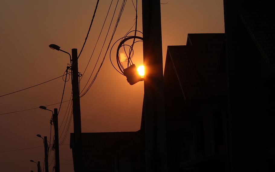 sunset, orange, sky, silhouette, wire, dark, sun sunset, light, electricity, low angle view