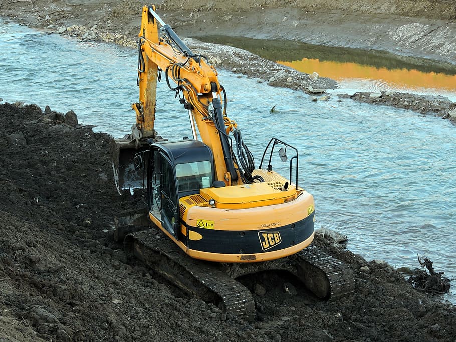 excavator, river, torrent, machinery, earthmoving, levee, excavation, tracked, revolving, water