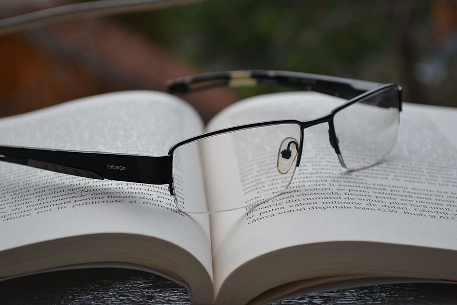 black, framed, temple eyeglasses, open, boook, glasses, book, knowledge, learn, study