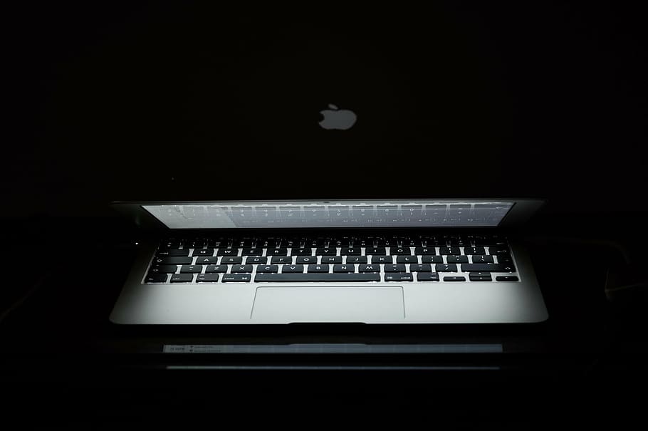 gray, laptop computer, turned, computer, macbook, apple, laptop, notebook, business, modern