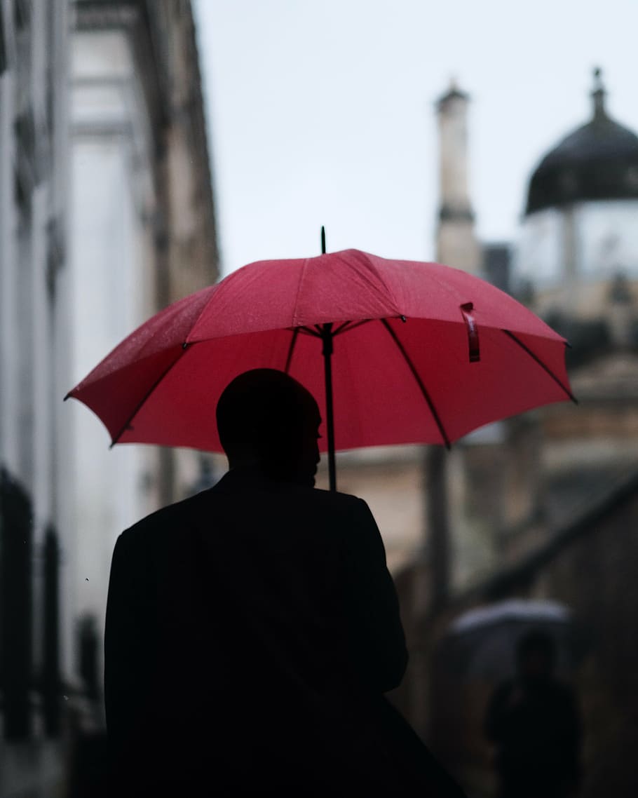 silhouette photo, man, holding, umbrella, people, guy, rain, silhouette, blur, city