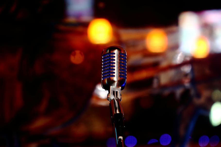selective, focus photography, black, condenser microphone, microphone, blue, chrome, sound, music, voice