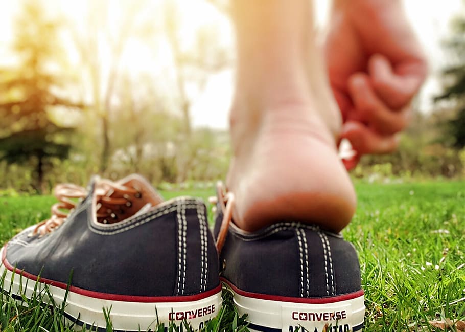 selective, focus photography, black, converse, lace-up low-top sneakers, green, grass, shoes, chucks, hipster