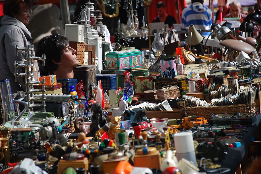 man, sitting, middle, toys, flea market, browse, stand, market, antiques, retail