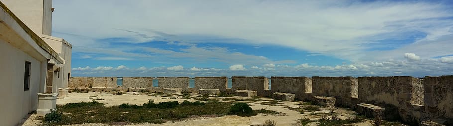 panoramic, sea, blue, sun, islet sancti petri, wall, clouds, sky, cloud - sky, architecture