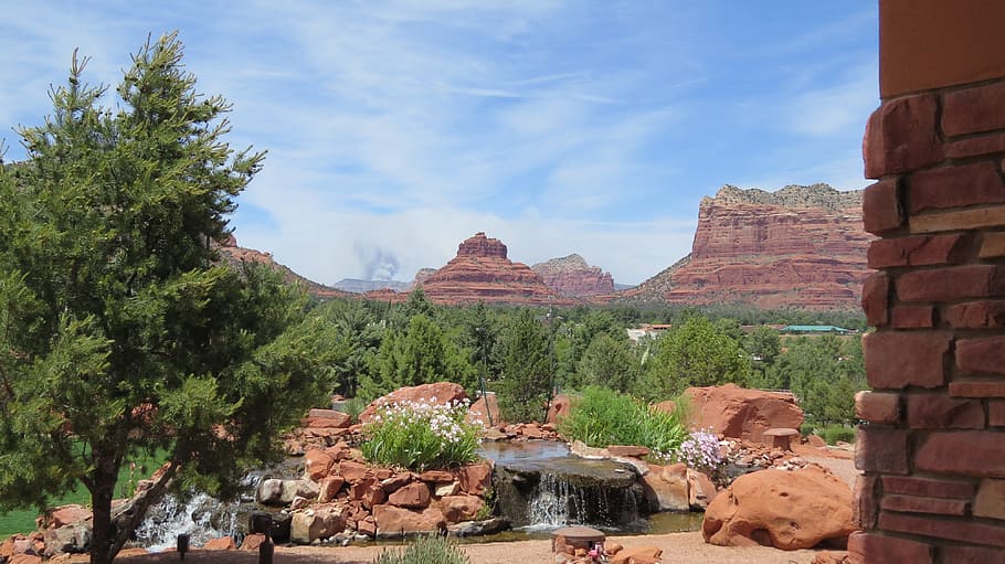 Desert, Sedona Arizona, Forest Fire, sandstone, mountain, architecture, built structure, sky, building exterior, focus on foreground