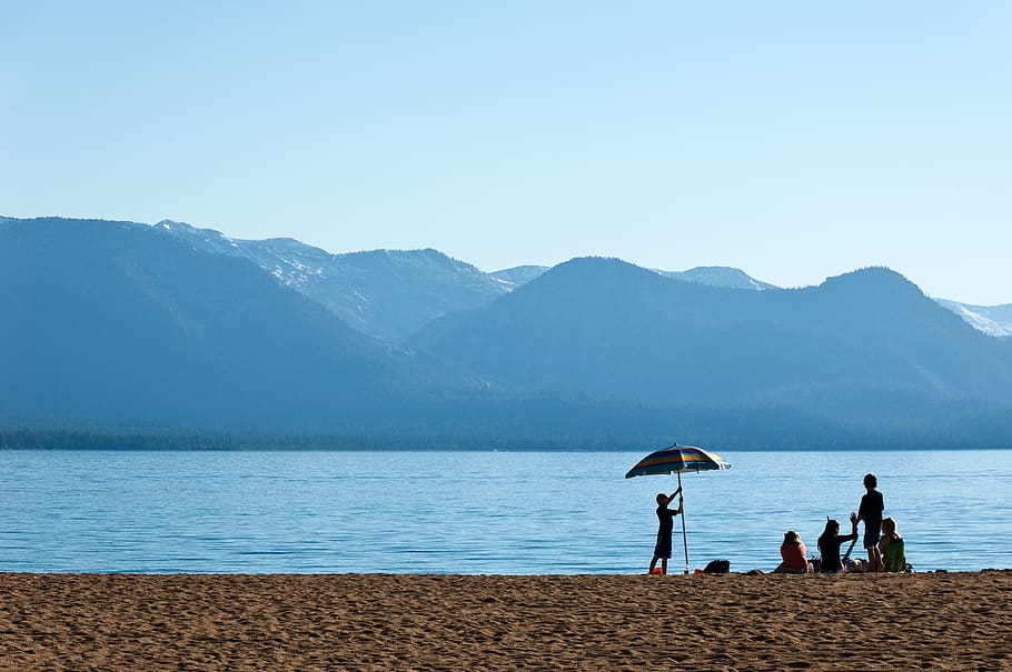 california, lake tahoe, pemandangan, alam, danau, orang, kesenangan, payung, pantai, gunung