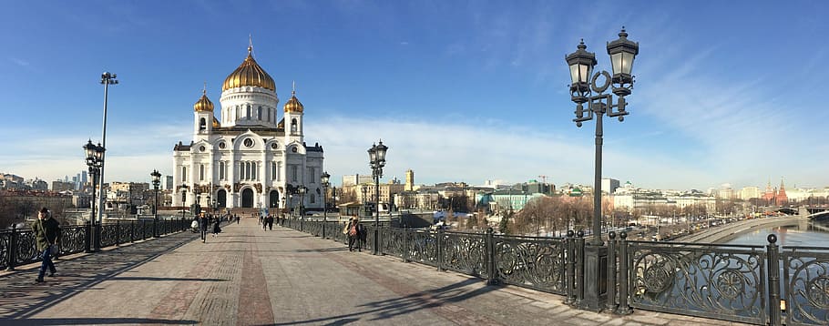 people, walking, dome building, taken, white, clouds, russia, moscow, onion domes, gold