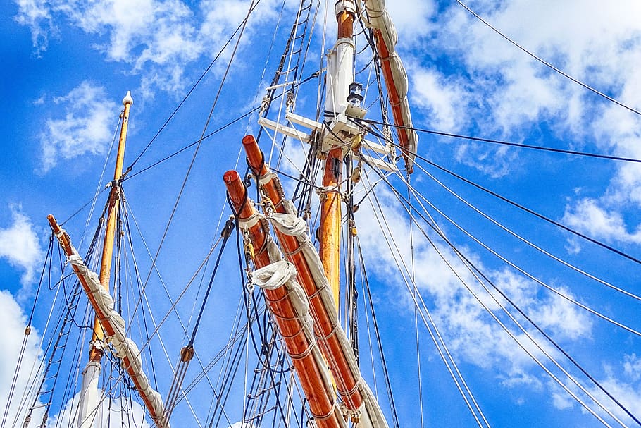 sailing boat, mast, rope, delfsail, sky, low angle view, cloud - sky, nautical vessel, sailboat, pole