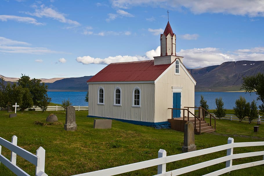 white, red, chapel, lake, daytime, church, iceland, scenic, west, coast