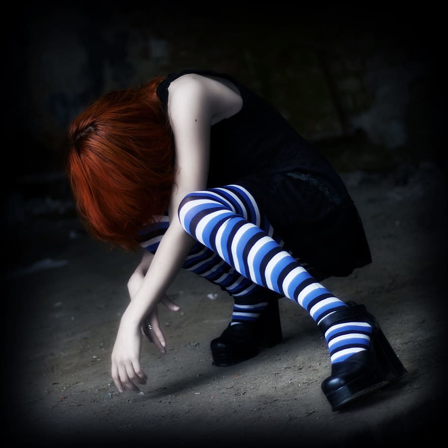 woman, black, dress, pair, blue, white, striped, socks anime, woman in black, black dress