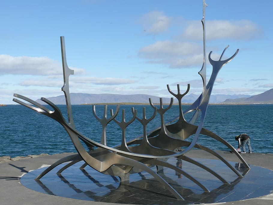 Viking, Reykjavik, Islândia, Marco, arte, escultura, navio, navio viking, mar, água