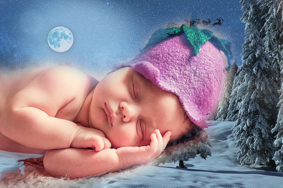 sleeping, baby, moon background illustration, dreaming, christmas, child, dream, happy, adorable, happiness