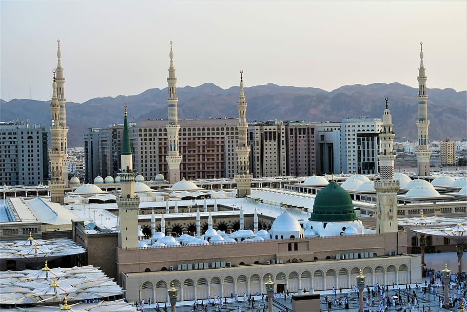 white, brown, mecca mosque, masjid nabawi, i've to medina, medina, city, travel, architecture, panoramic