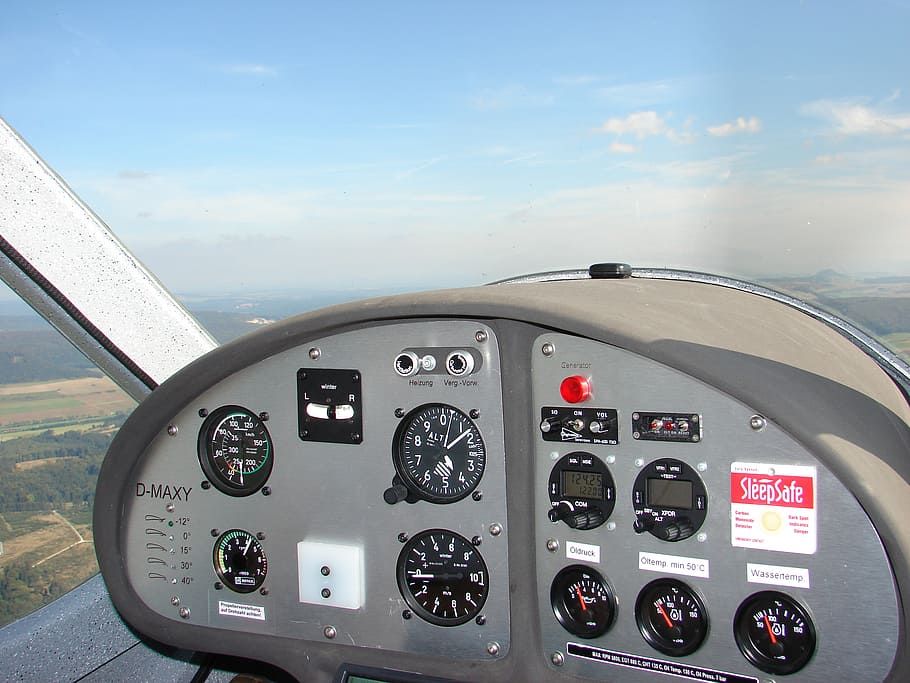 cockpit, aircraft, light aircraft, dashboard, panel, sensors, airplane, air vehicle, transportation, mode of transportation
