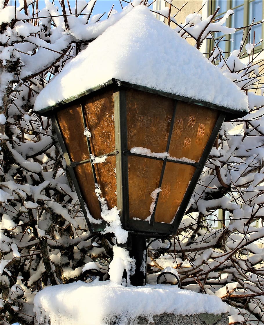 lamp, snow, wood, winter, old, tealight holder, frost, wrought, antique, aged