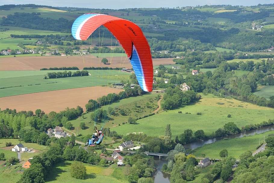 paragliding, paragliding bis place, flight paragliding, baptism paragliding, flight, panoramic views, paragliders, sailing red blue white, red wing blue white, natural landscape