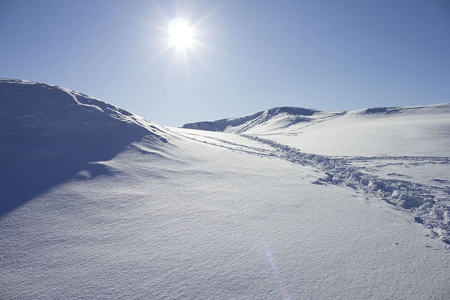 sun, snow, covered, mountains, ice, norway, winter, cold, blue, white
