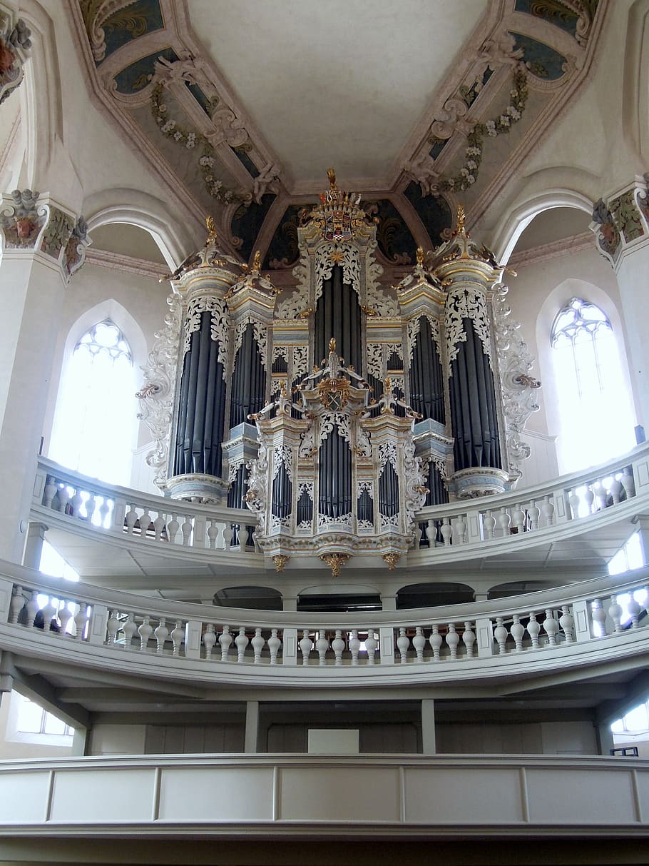 ludwig church, saarbrücken, church, organ, christian, architecture, built structure, low angle view, indoors, ceiling