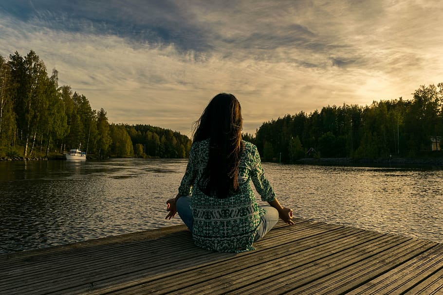woman, green, white, long-sleeved, top, sitting, yoga, outdoor, nature, fitness