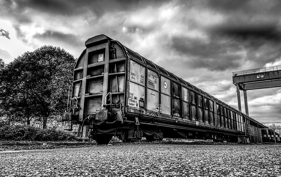 train, railway, wagon, black and white, hdr, high dynamic range, old, turned off, park, keep