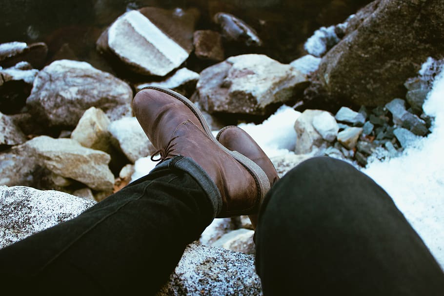 person, wearing, brown, leather shoes, gray, stone, feet, leather, boots, pants
