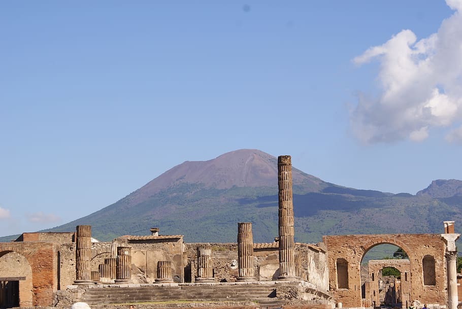 scenery, landmark structure, front, mountain, Pompei, Italy, Ruinas, Volcano, architecture, history