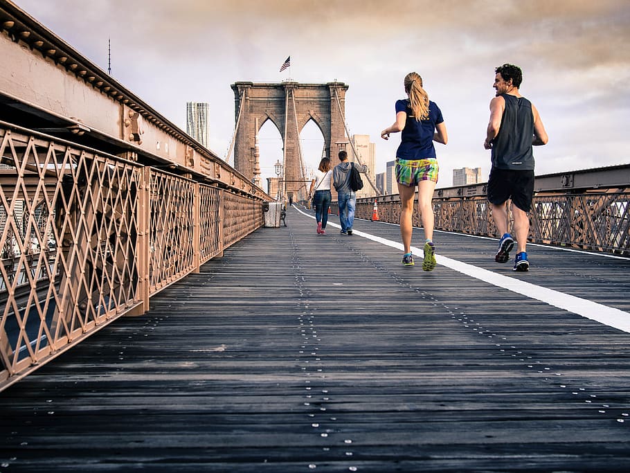 Brookly bridge, running, jogging, fitness, exercise, people, guy, girl, man, woman