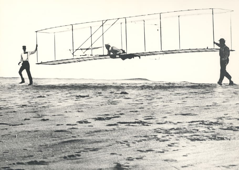 grayscale photo, three, man, invention, wright brothers, aircraft, science, attempt, test, take off