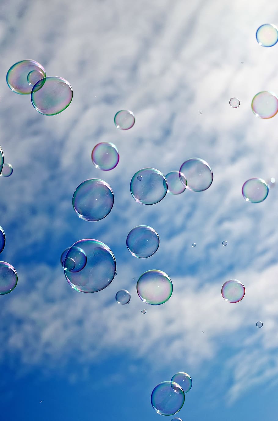 burbujas, transparente, el jabón, bola, flotante, aire, cielo, azul, nube, agradable