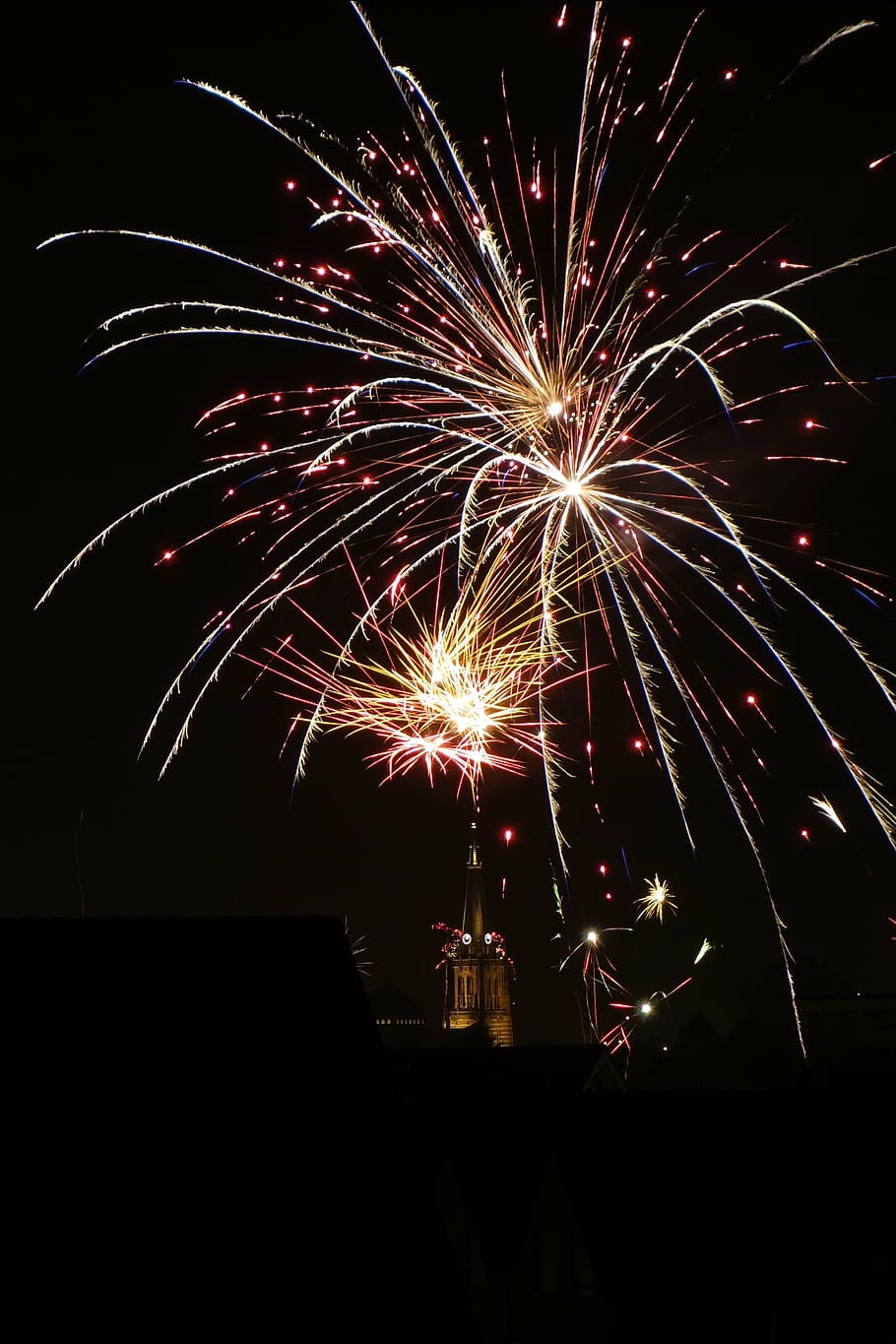 fogos de artifício, à noite, fora, véspera de ano novo, pirotecnia, foguete, silvestre, luz, festival, humor