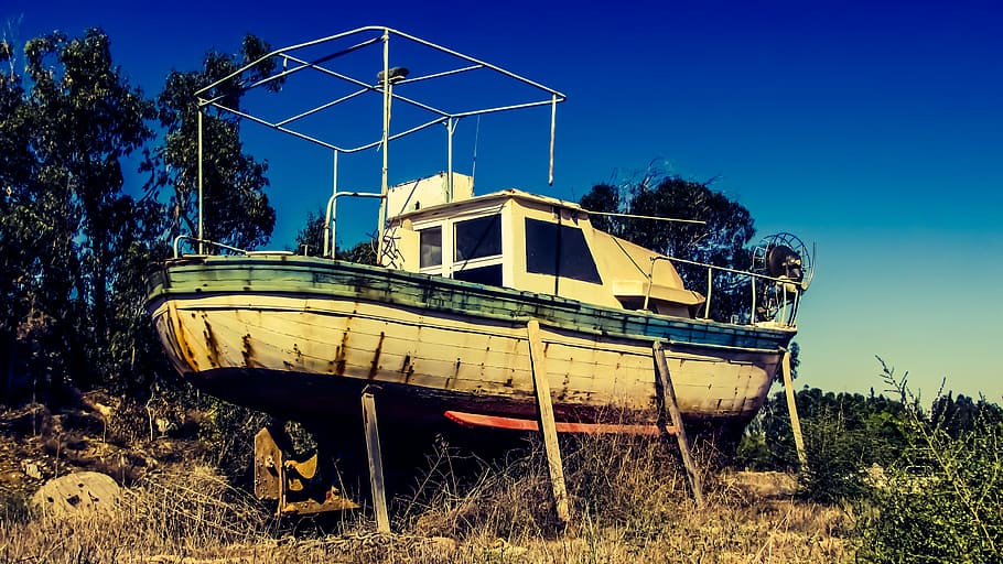 Boat, Old, Abandoned, Aged, Weathered, withdrawal, retirement, potamos liopetri, cyprus, nautical vessel
