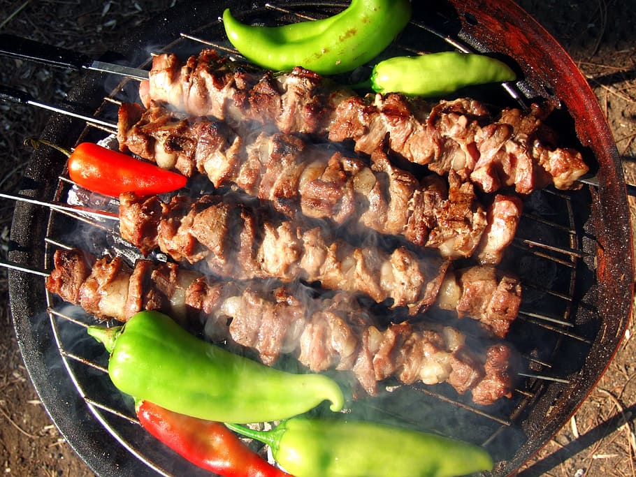 grill pork, bell pepper, barbecue, coal, embers, tomato, pepper, meat, picnic, food