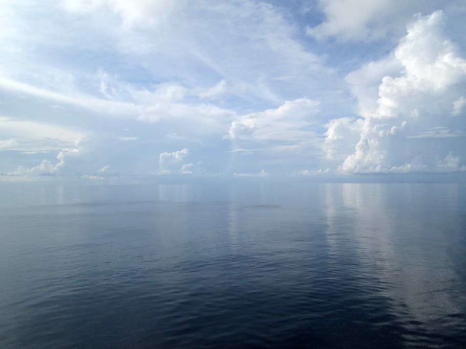 ocean, sky, clouds, horizon, sea, nature, seascape, puffy, scenic, view