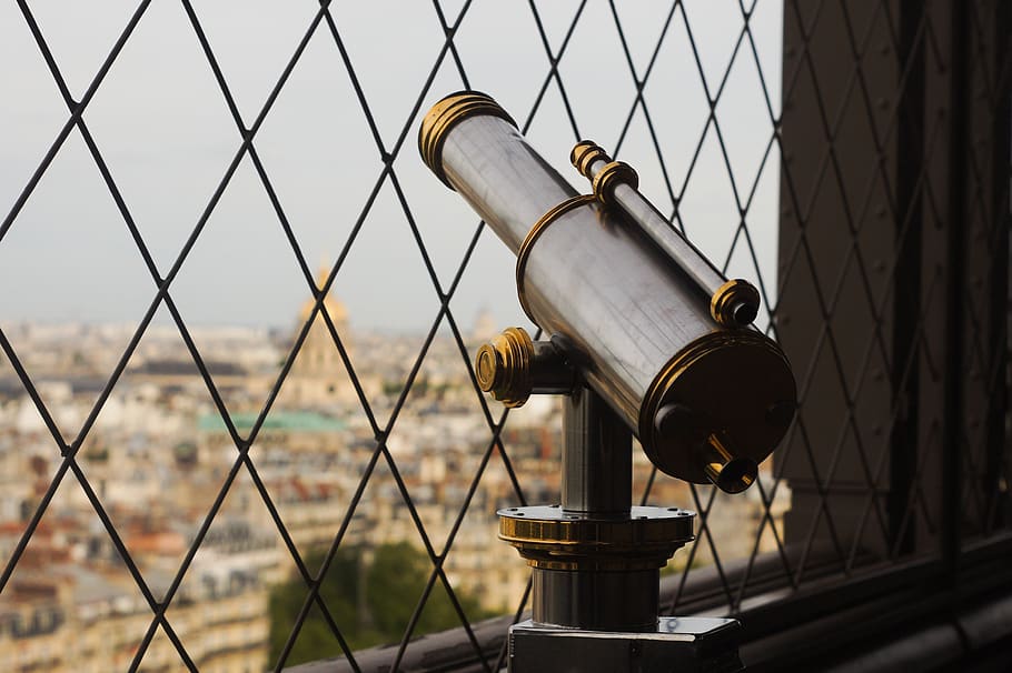 telescope, viewpoint, eiffel tower, paris, skyline, fence, metal, chainlink fence, focus on foreground, boundary