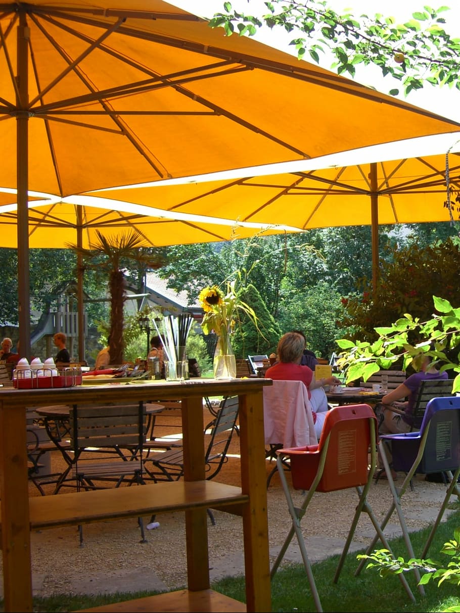 Garden, Cafe, Screen, Orange, Parasol, garden cafe, green, colorful, dining tables, chairs