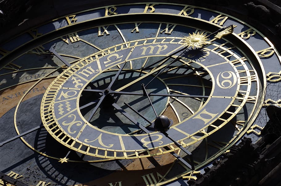 black sun dial, clock, prague, czech republic, city, hours, antiquities, time, roman numeral, astronomical clock