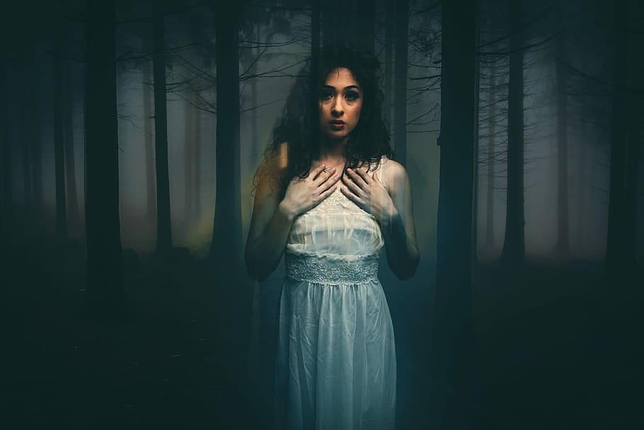 woman, standing, tree, forest, fantasy, scary, night, dream, nightmare, young adult