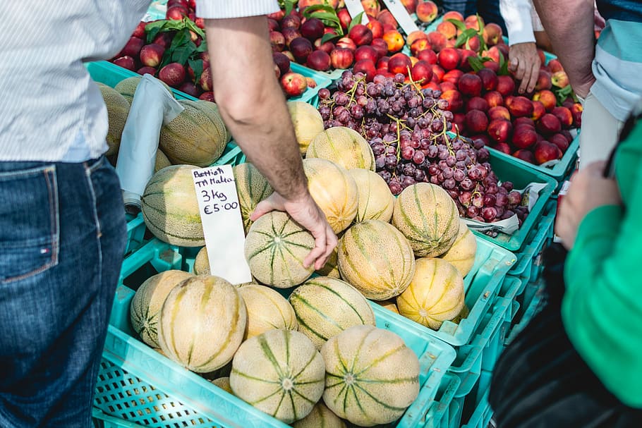 agarrando, melão, homem, mercado dos agricultores, fruta, mãos, malta, mercado, fora, vegetais