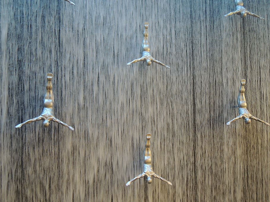 person hanging decors, dubai, uae, emirates, emirate, dubai mall, water, waterfall, jump, wood - Material