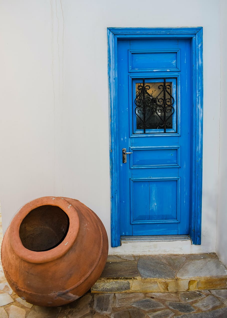 door, wooden, blue, entrance, white, wall, pottery, container, house, old