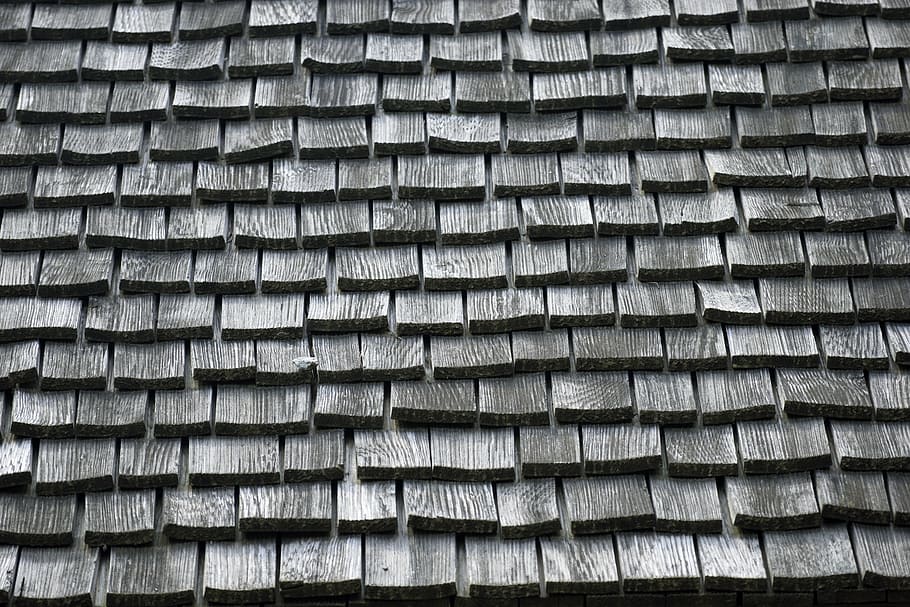 close-up photo, gray, roofings, wood, shingles, roof, background, backdrop, house, construction