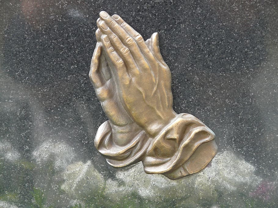 praying hands illustration, pray, prayer, tombstone, gravestone plate, death, cemetery, grave, hands, god