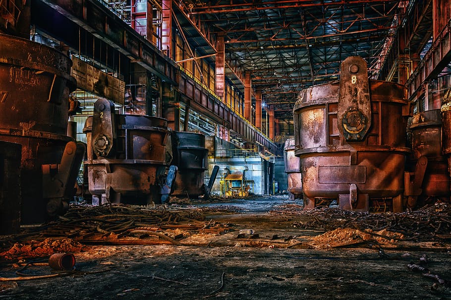 fábrica de aço, fábrica, salão, produção, indústria, indústria pesada, lugares perdidos, máquina, sombrio, transitoriedade