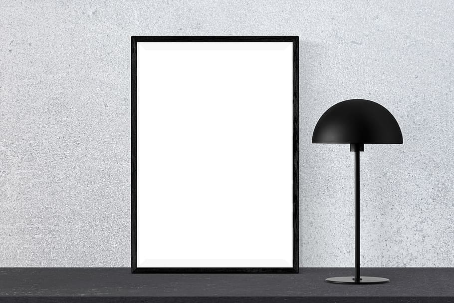 white, wooden, photo frame, black, desk lamp, poster, mockup, frame, presentation, desk