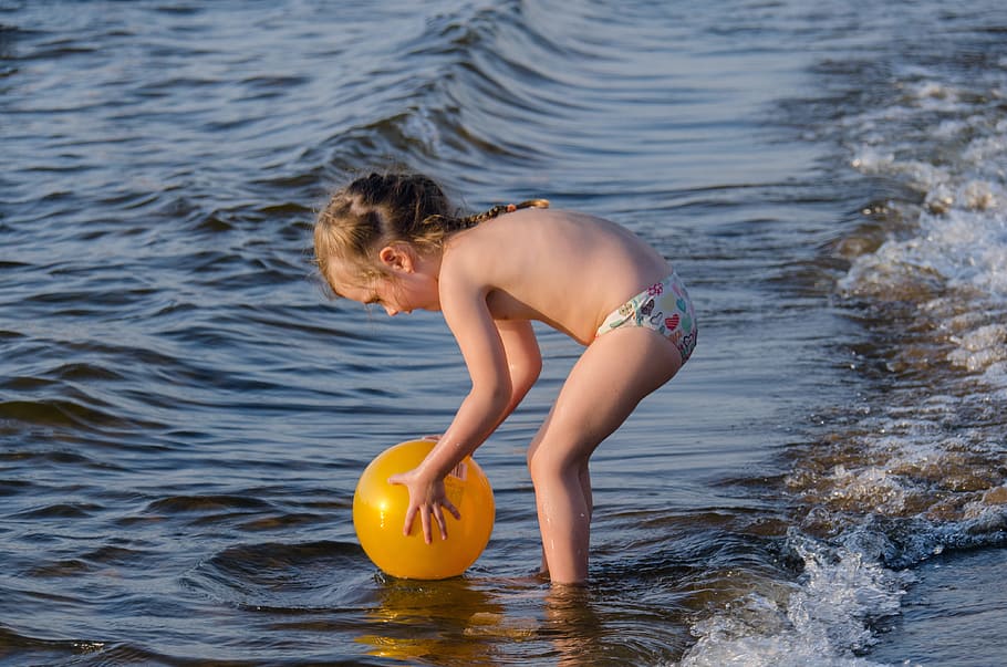 standing, seashore, holding, ball, Kids, Girl, Wave, beach, sandy beach, game