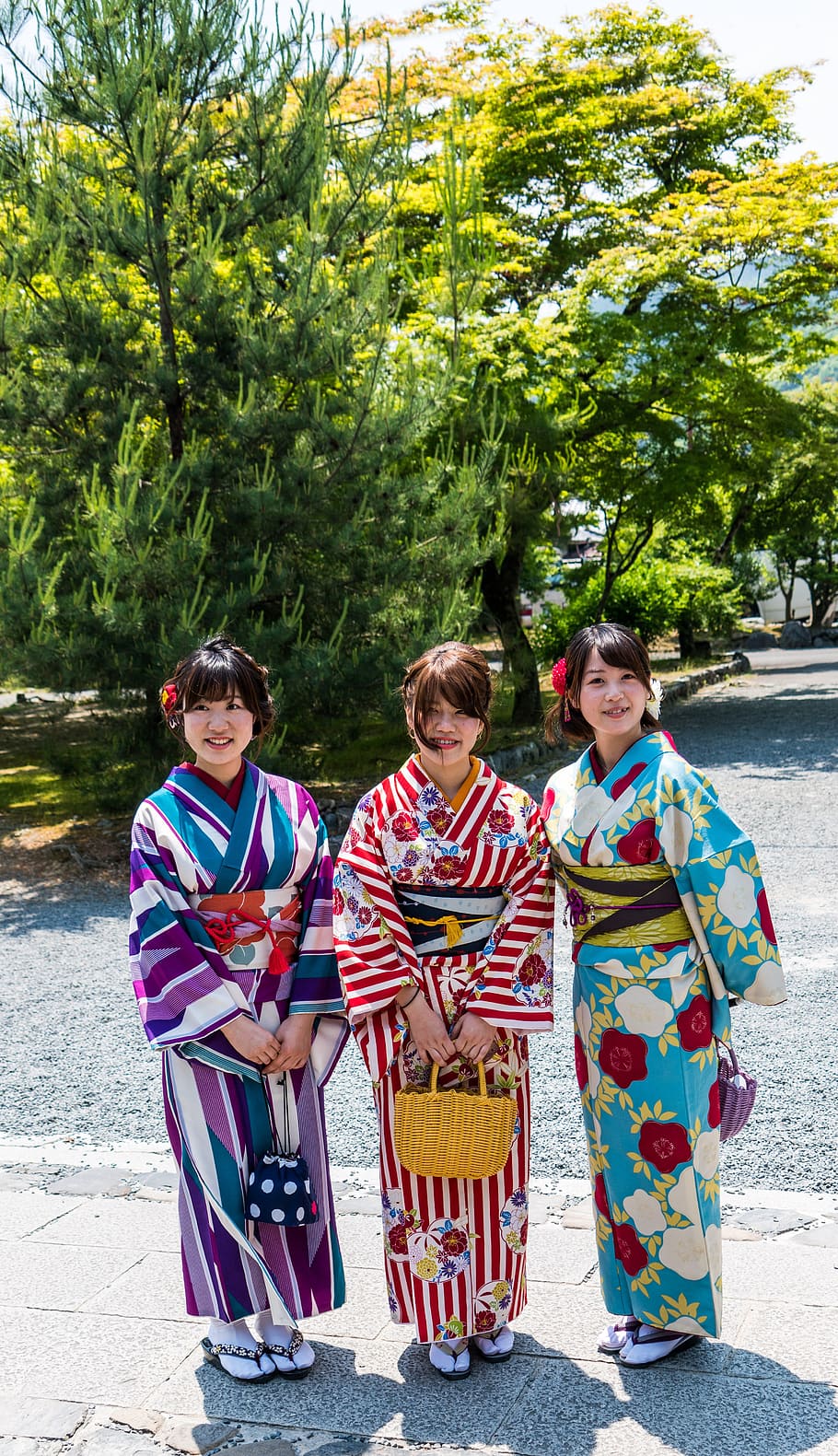 tiga, wanita, jepang, kimono, kyoto, orang, bahagia, muda, kelompok, gaya hidup