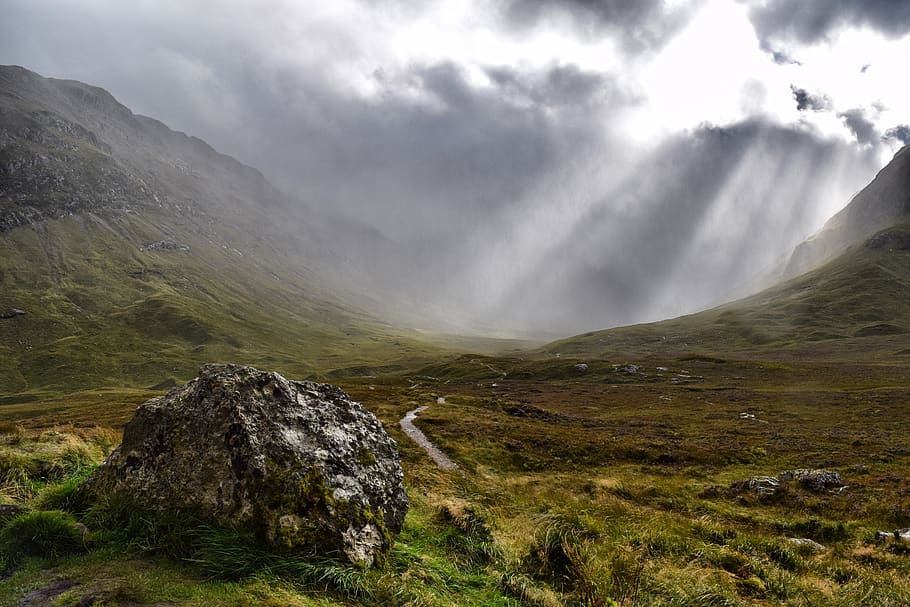 scotland, highlands and islands, rainy, sunbeam, cloudiness, clouds, landscape, nature, mood, clouded sky