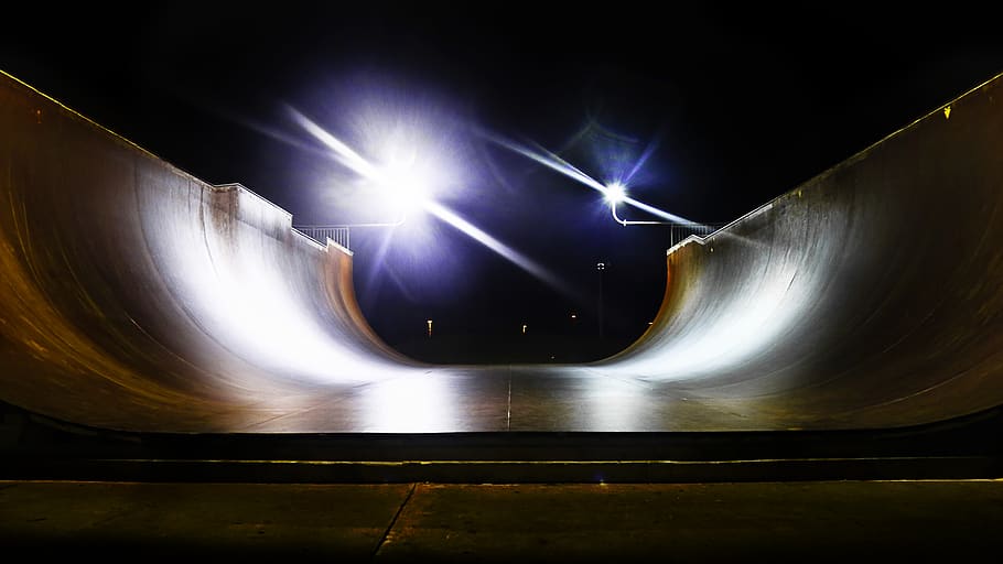 skateboarding, halfpipe, ramp, lights, dark, night, sports, illuminated, architecture, long exposure